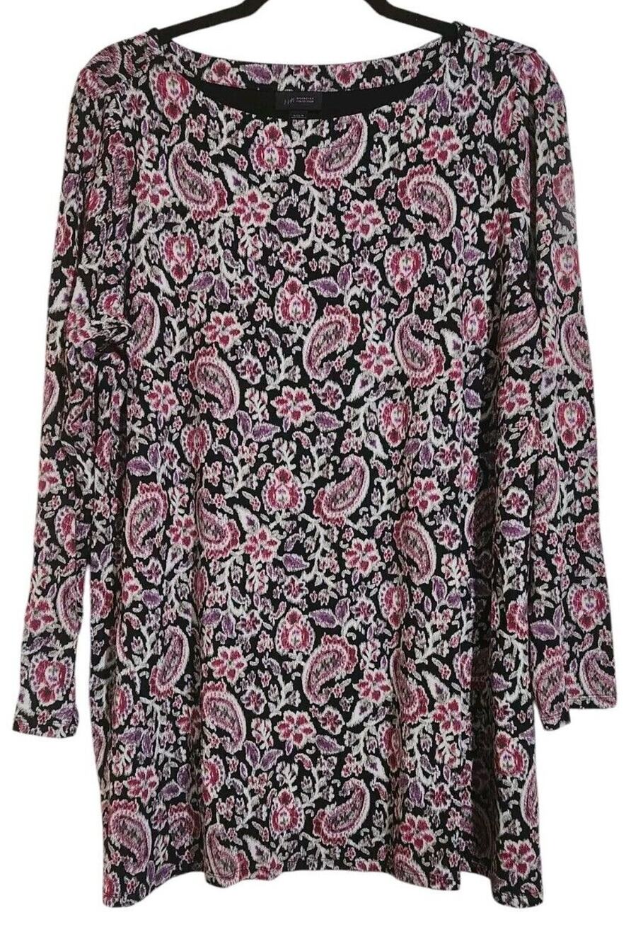 J. Jill Wearever Tunic Large Top Blouse Paisley Black Pink Rayon Stretch Jersey